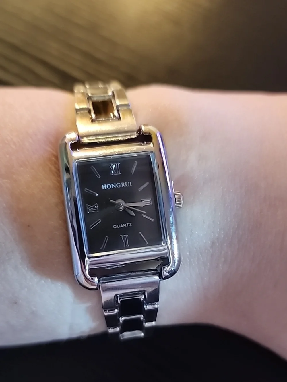 Women's Silver Stainless Steel Rectangle Bracelet Watch - Black Dial